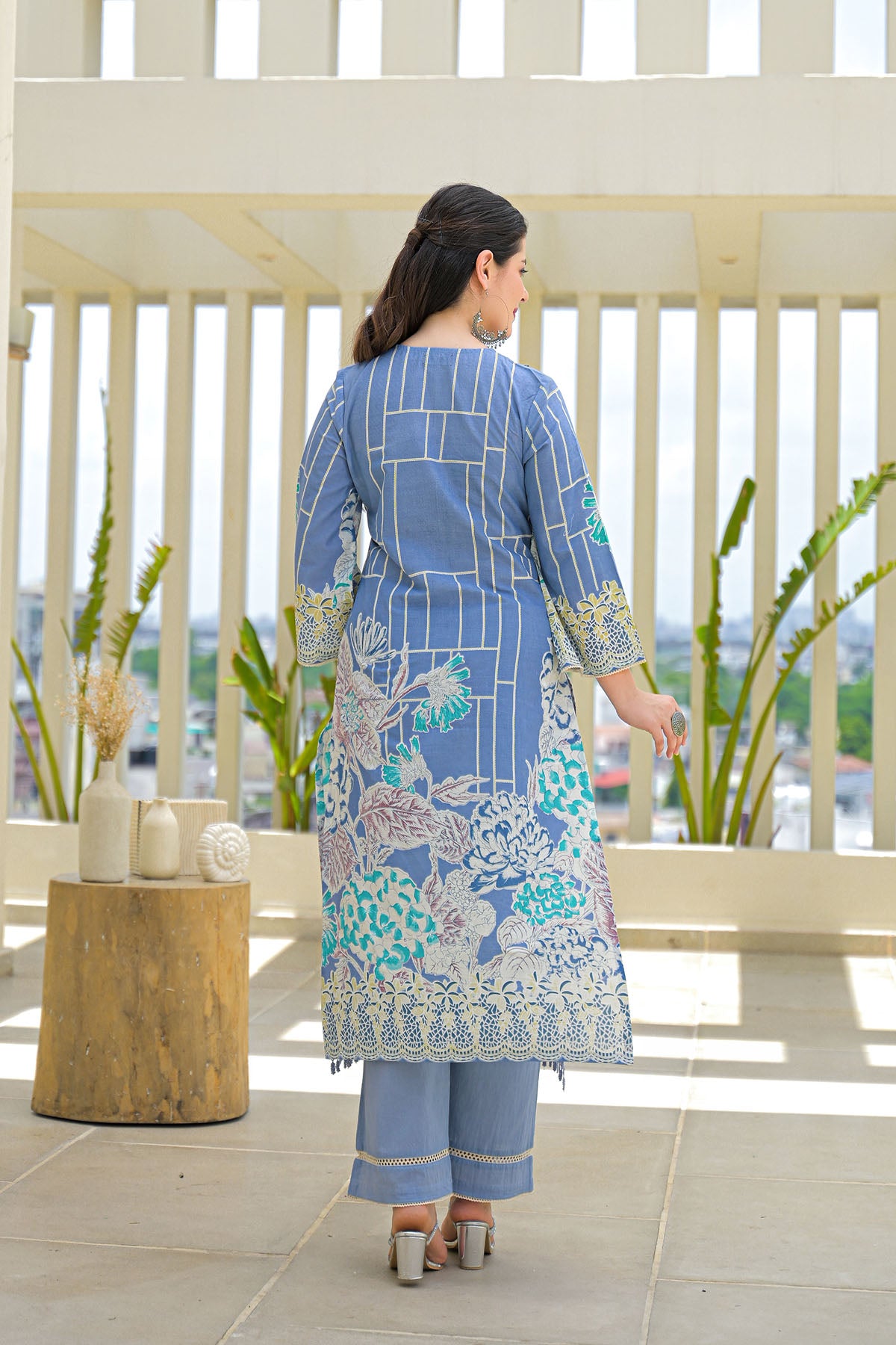 Blue Multicolor Cotton Straight-Cut Printed Suit