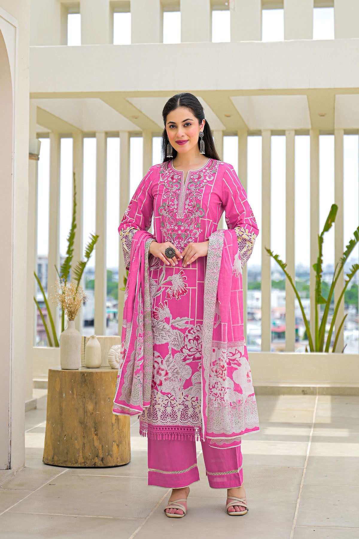 Pink Multicolor Cotton Straight-Cut Printed Suit