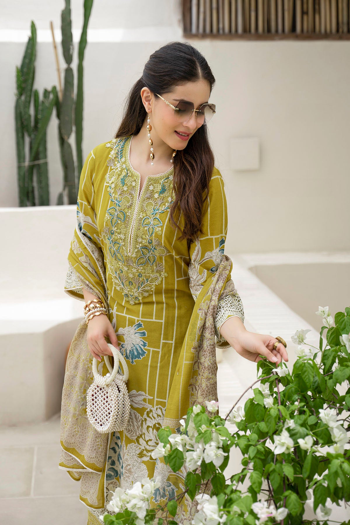 Mustard Multicolor Cotton Straight-Cut Printed Suit