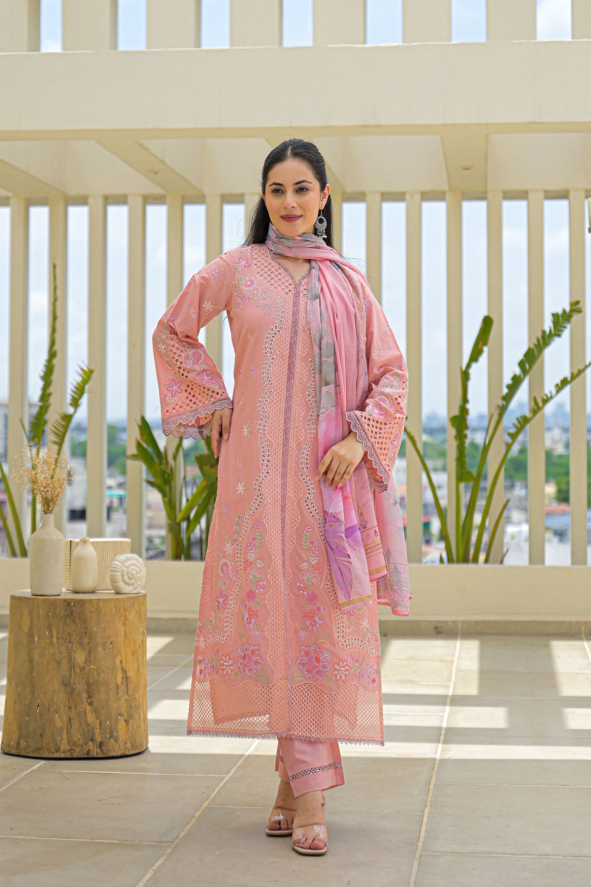 Peach Multicolor Cotton Straight-Cut Printed Suit