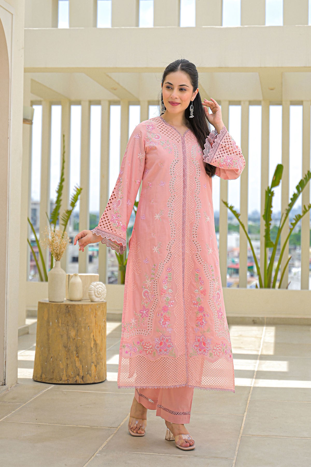 Peach Multicolor Cotton Straight-Cut Printed Suit