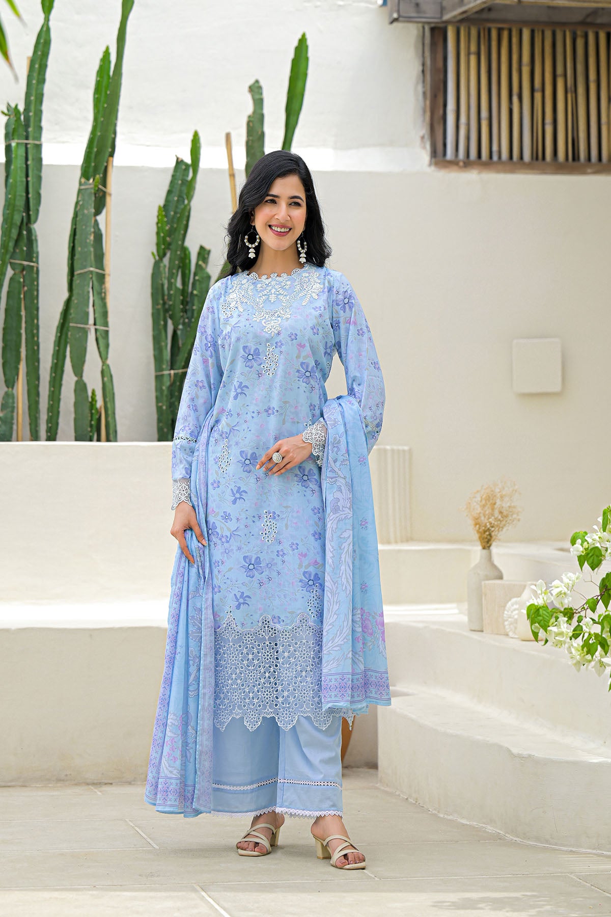 Blue Multicolor Cotton Straight-Cut Printed Suit