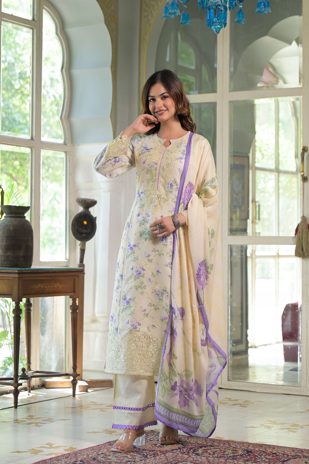 Yellow Multicolor Cotton Straight-Cut Printed Suit