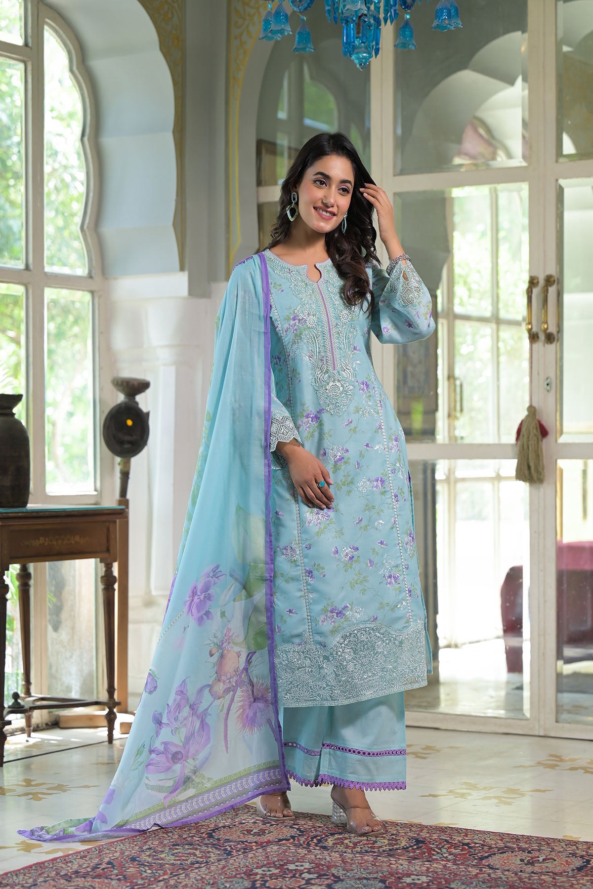 Blue Multicolor Cotton Straight-Cut Printed Suit