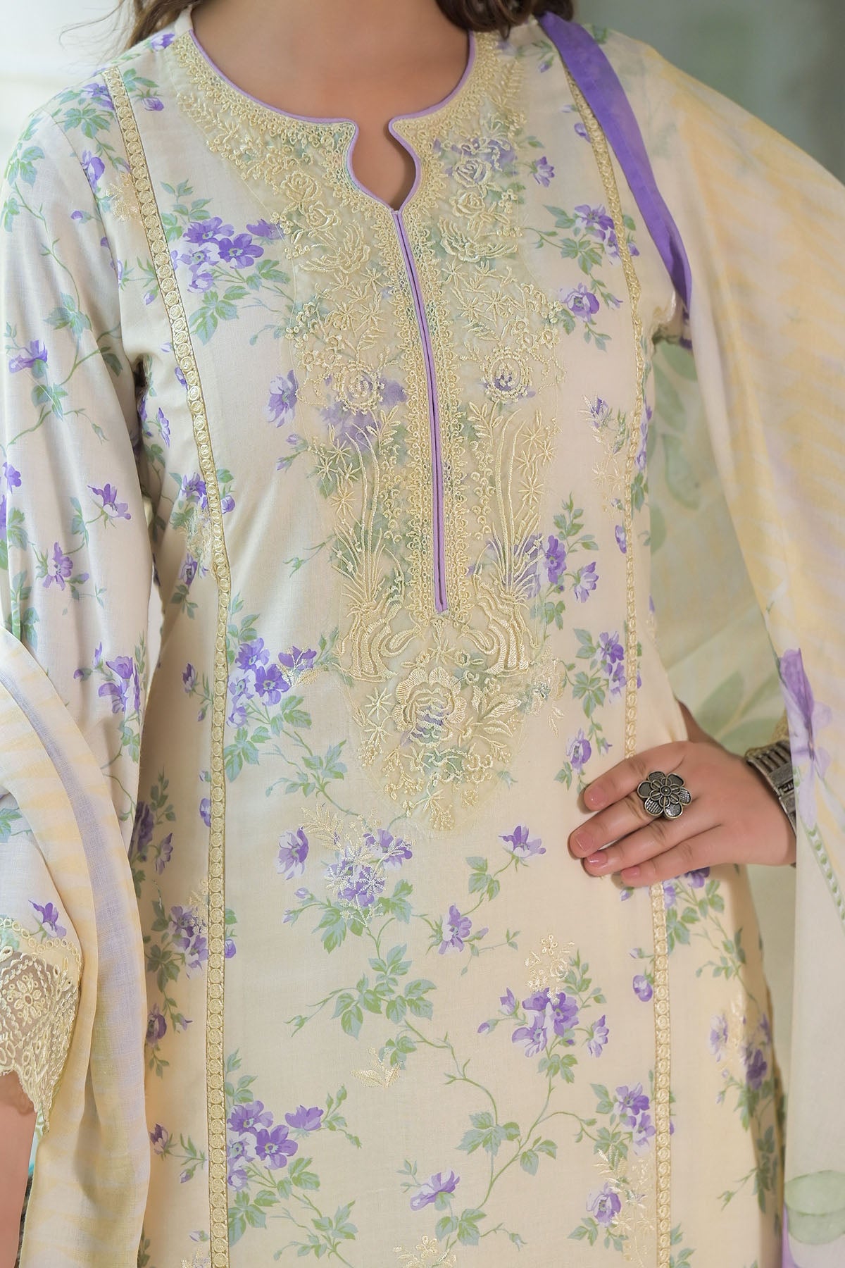 Yellow Multicolor Cotton Straight-Cut Printed Suit