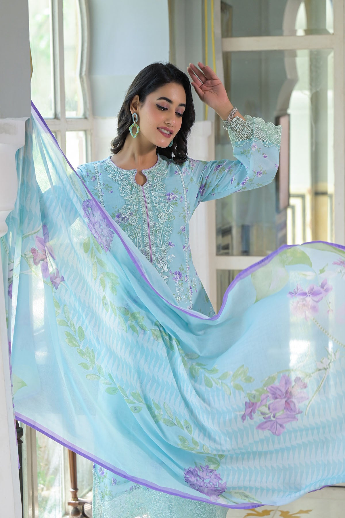 Blue Multicolor Cotton Straight-Cut Printed Suit