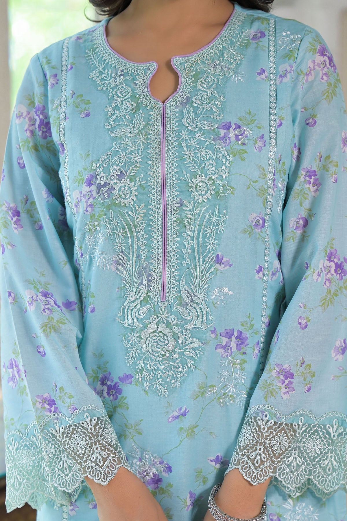 Blue Multicolor Cotton Straight-Cut Printed Suit