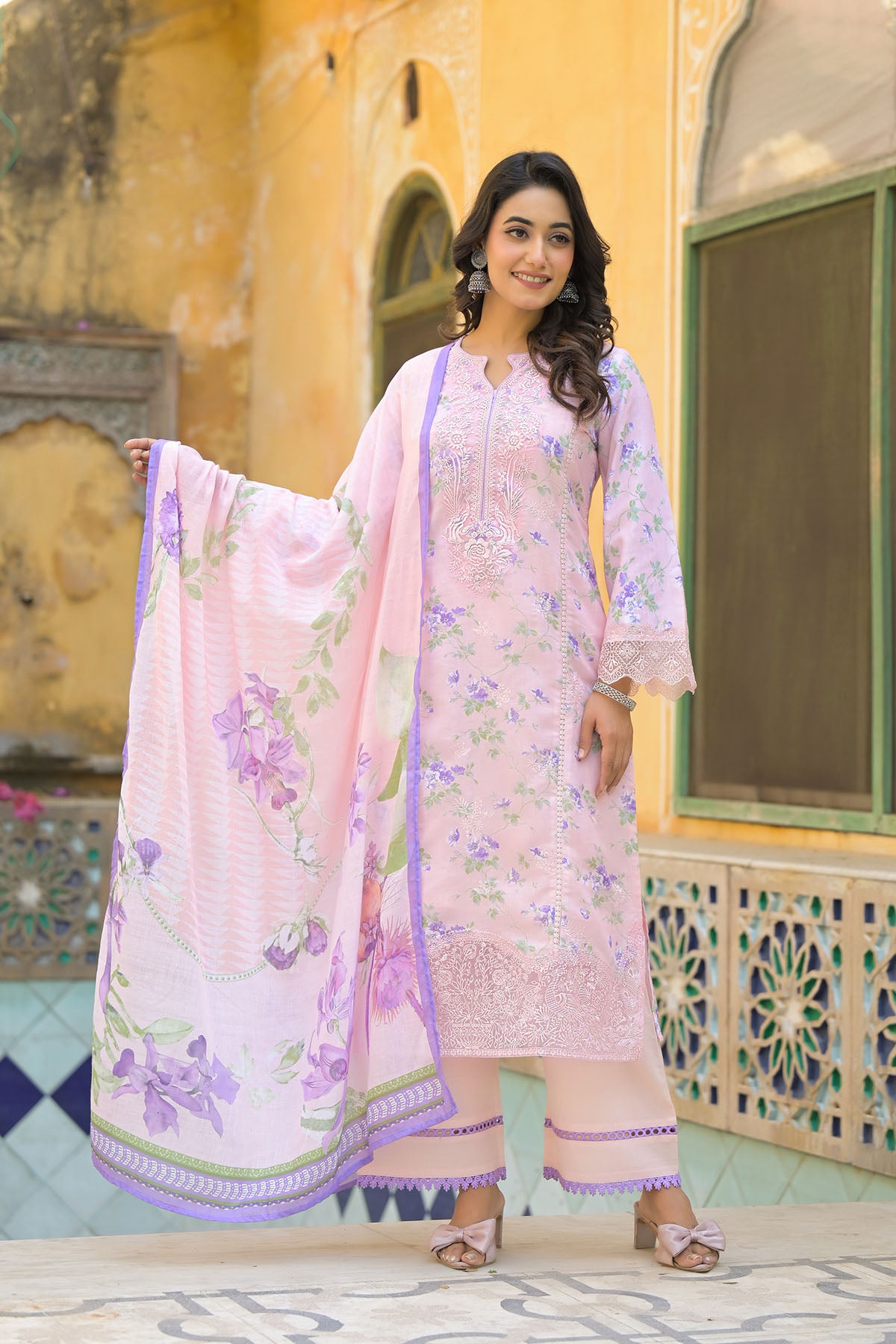 Pink Multicolor Cotton Straight-Cut Printed Suit