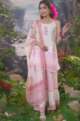 Gul White Pink Makhamali Handblock Floral Sharara Set