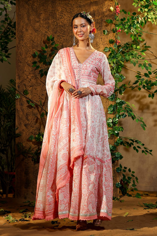 Pink Mulmul Floral Dori Work Gown With Dupatta