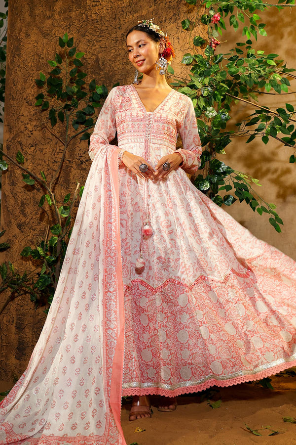 Pink Mulmul Floral Dori Work Gown With Dupatta