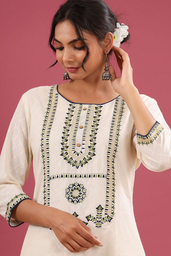 Ivory Cotton Embroidered Kurta with Pant