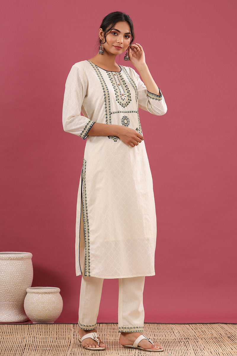 Ivory Cotton Embroidered Kurta with Pant