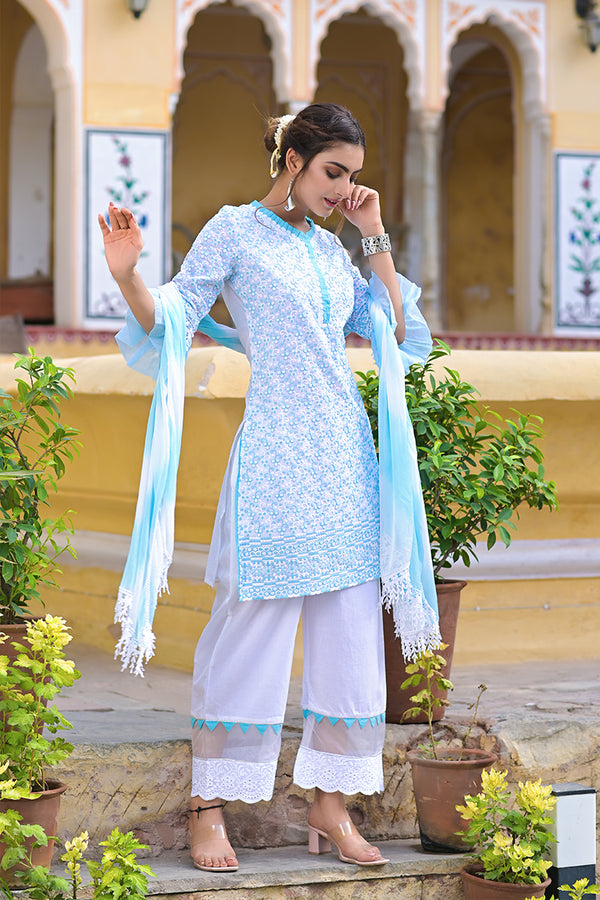 Blue Embroidered Suit Set with Organza Work Pant
