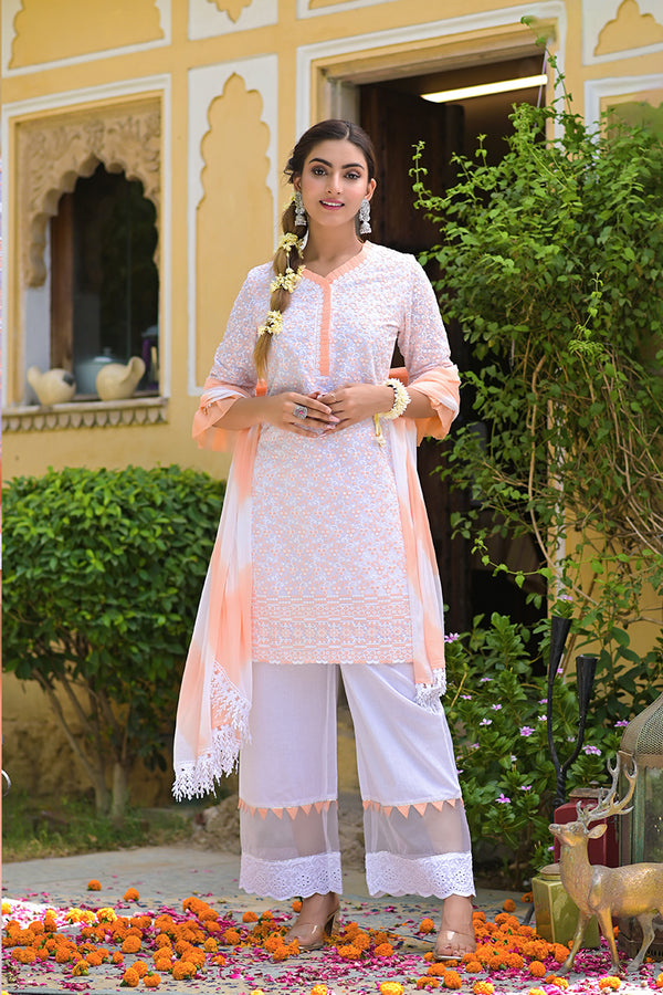 Orange Embroidered Suit Set with Organza Work Pant