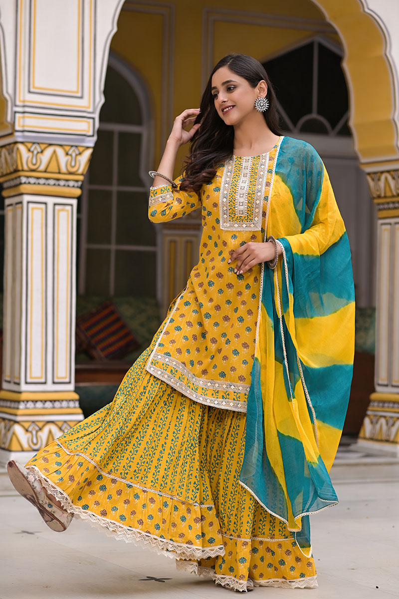 Indiarani Chinnon Silk Yellow Chiffon Sharara Suit, Dry clean, Short Kurti  at Rs 1550/piece in Surat