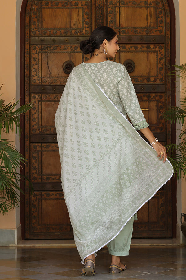 Powder Green printed embroidered kurta set with palazzo and cottop printed dupatta - (Set of 3)
