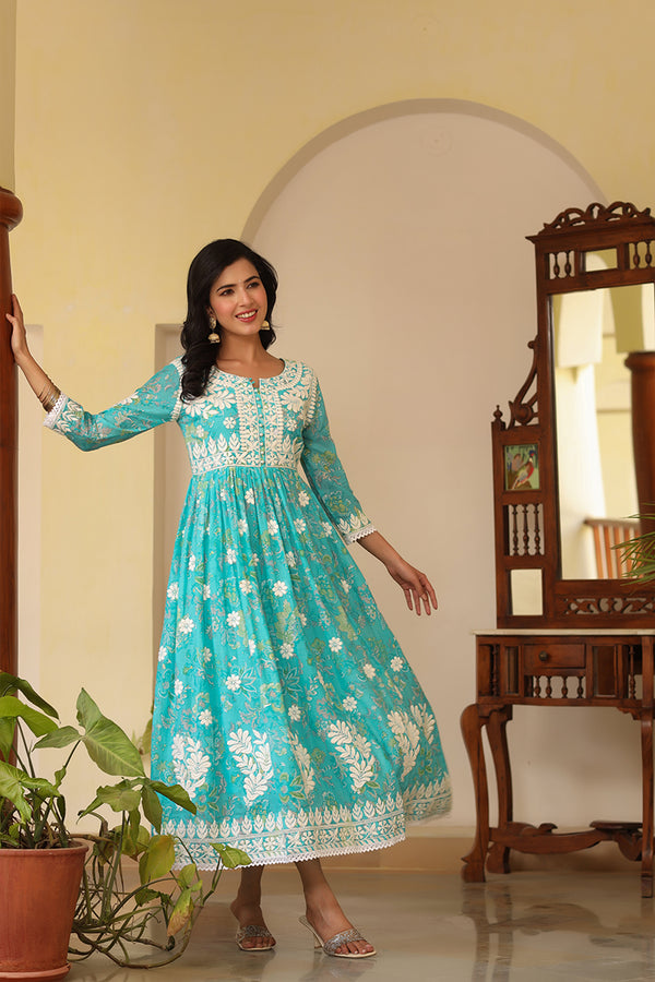 Turquoise Embroidered Gathered Dress