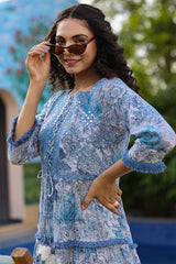 Blue Mulmul Floral Print Embroidered Dress