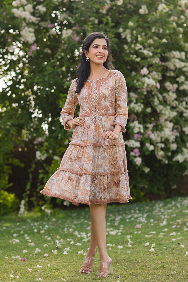 Brown Mulmul Floral Print Embroidered Dress