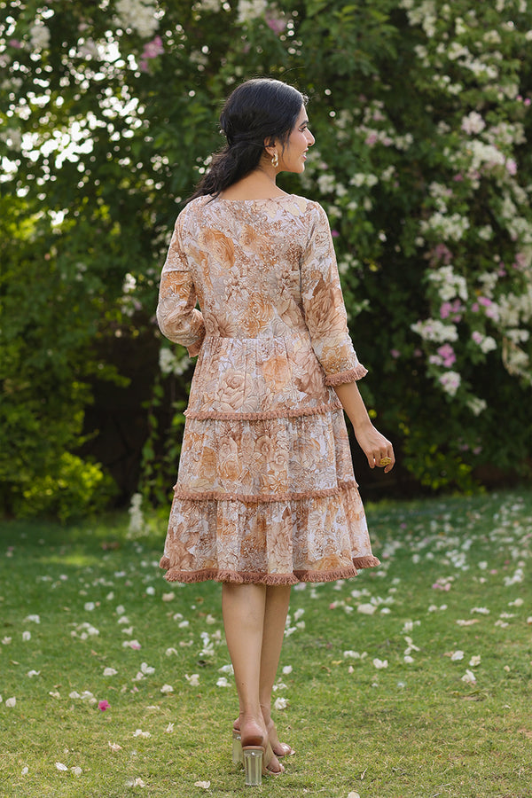 Brown Mulmul Floral Print Embroidered Dress