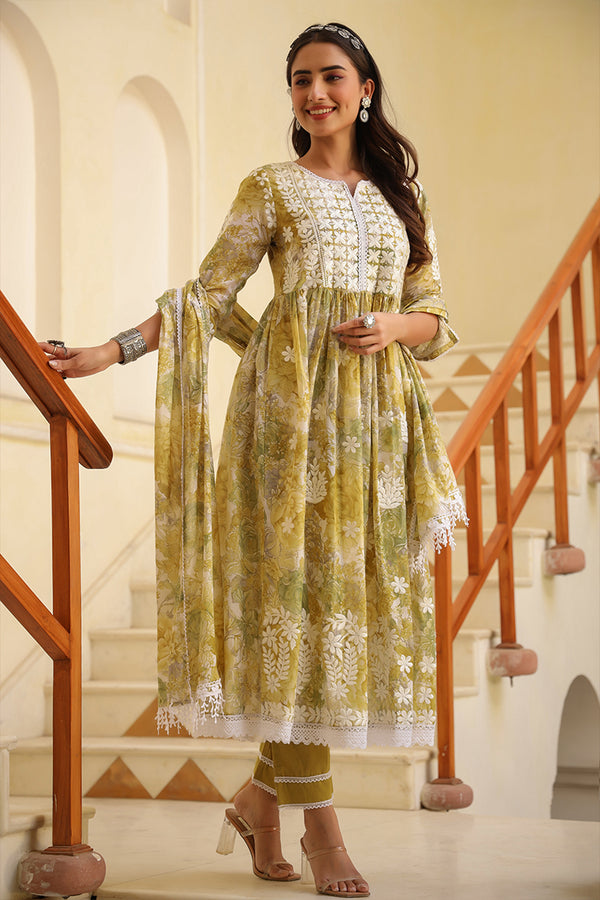 Mustard floral printed embroidered anarkali with pant and printed dupatta - (Set of 3)