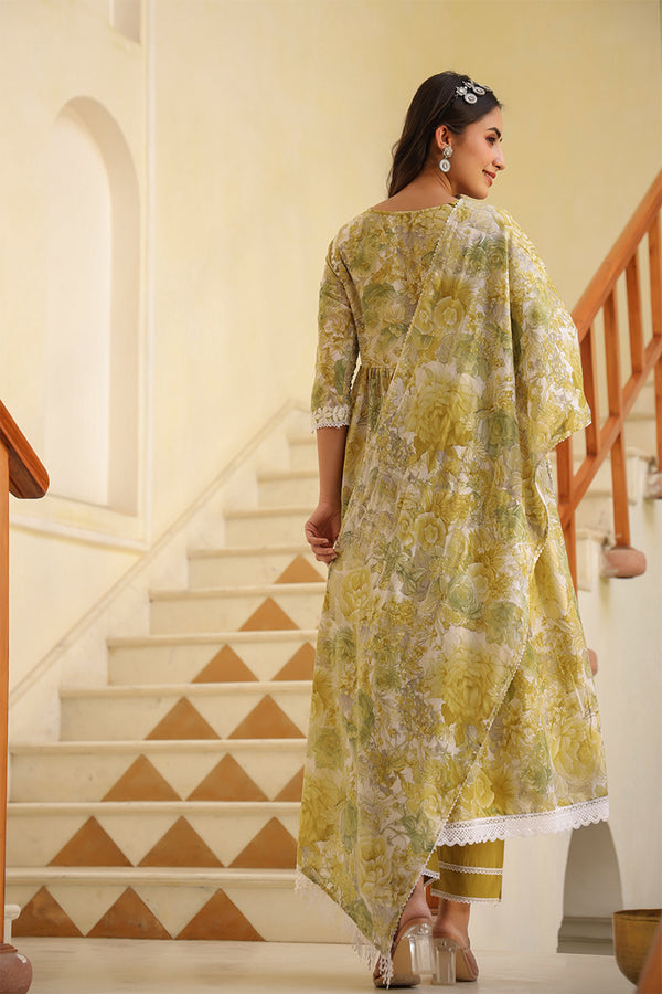 Mustard floral printed embroidered anarkali with pant and printed dupatta - (Set of 3)