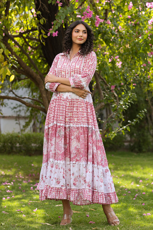 Pink Printed Cotton Lace Gown