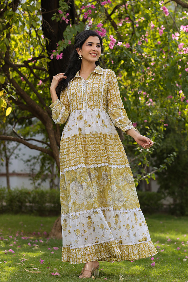 Yellow Printed Cotton Lace Gown