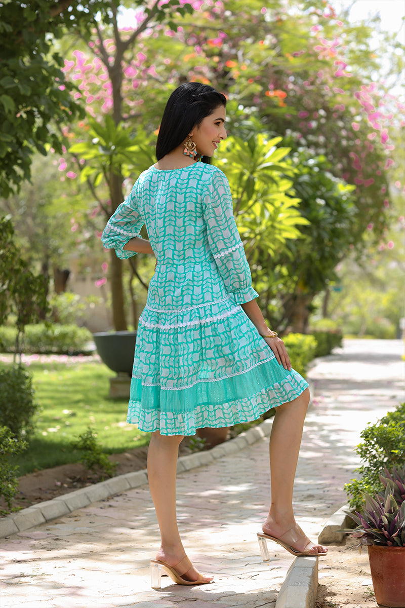 Turquoise Cotton Lace Midi Dress