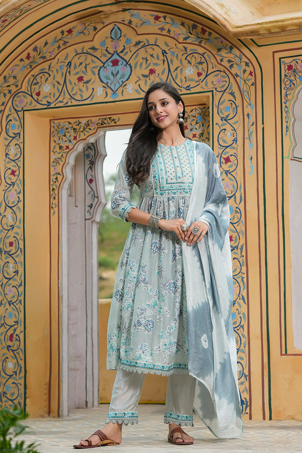 Grey floral printed embroidered side slit kurta with pants and dupatta - Set of 3)