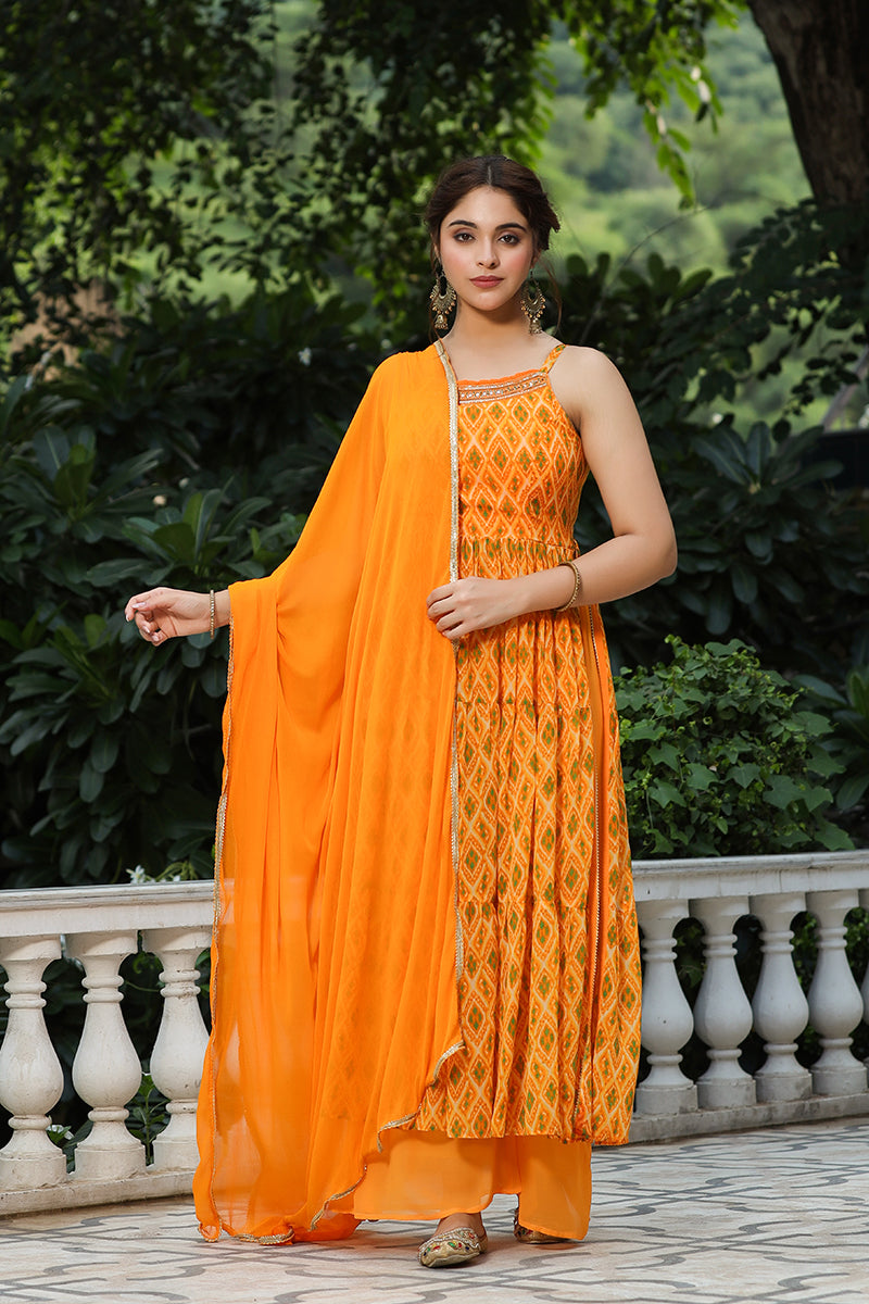 Orange handwork printed georgette sleeveless long kurta with palazzo and chiffon dupatta - (Set of 3)