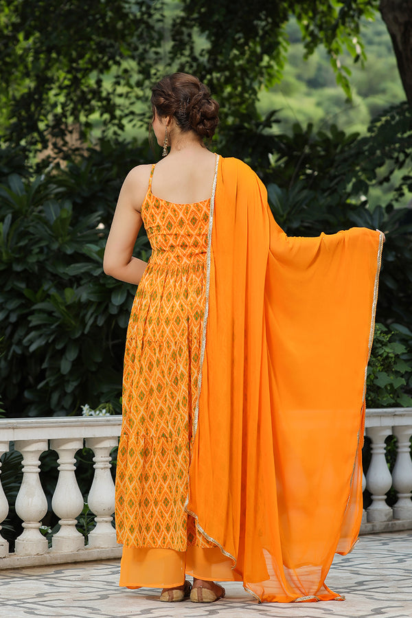 Orange handwork printed georgette sleeveless long kurta with palazzo and chiffon dupatta - (Set of 3)