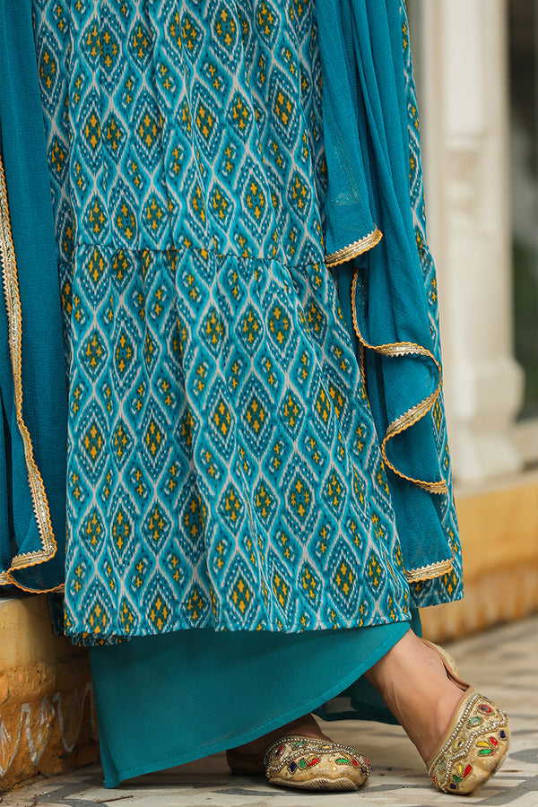 Turquoise blue handwork printed georgette sleeveless long kurta with palazzo and chiffon dupatta - (Set of 3)