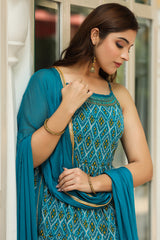 Turquoise blue handwork printed georgette sleeveless long kurta with palazzo and chiffon dupatta - (Set of 3)