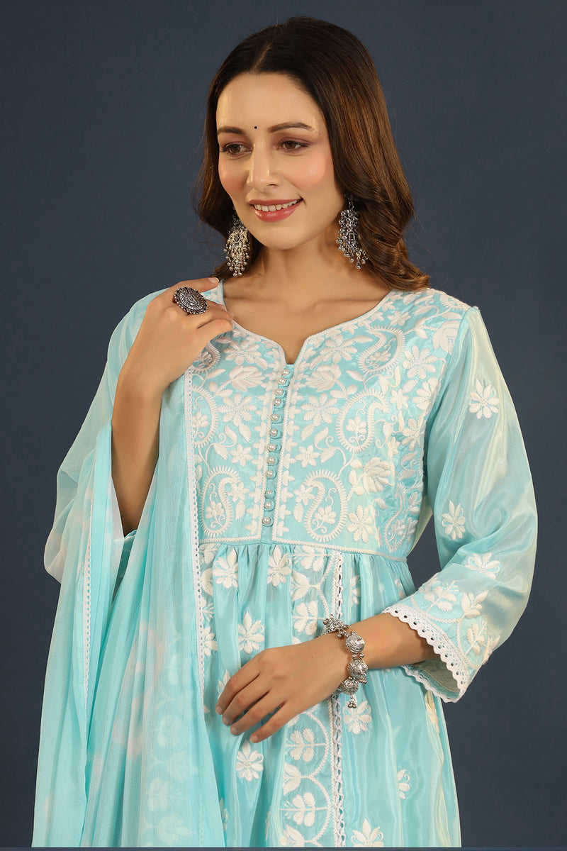 Fayza Turquoise Chanderi Gathered Chikankari Suit Set