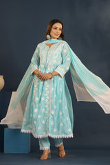 Fayza Turquoise Chanderi Gathered Chikankari Suit Set