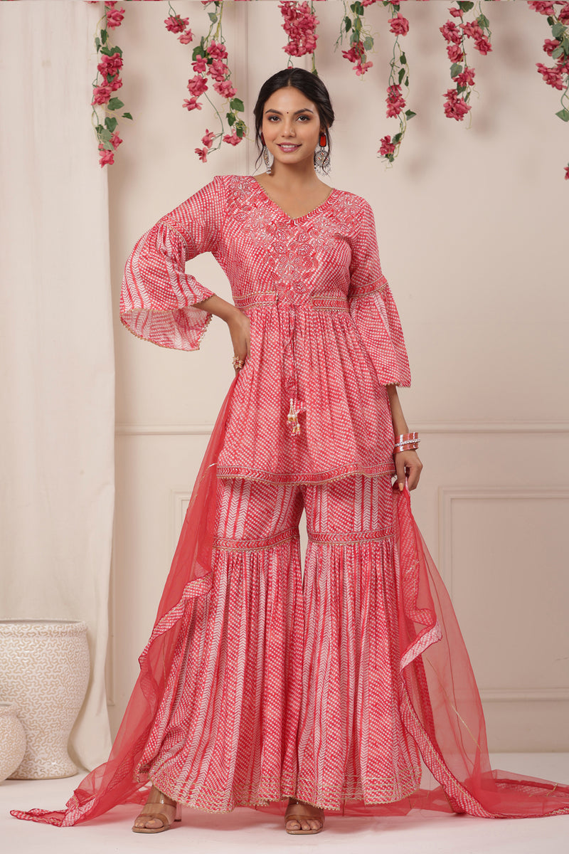 Pink Peplum Sharara Suit With Cotton Bottom and Chiffon Dupatta