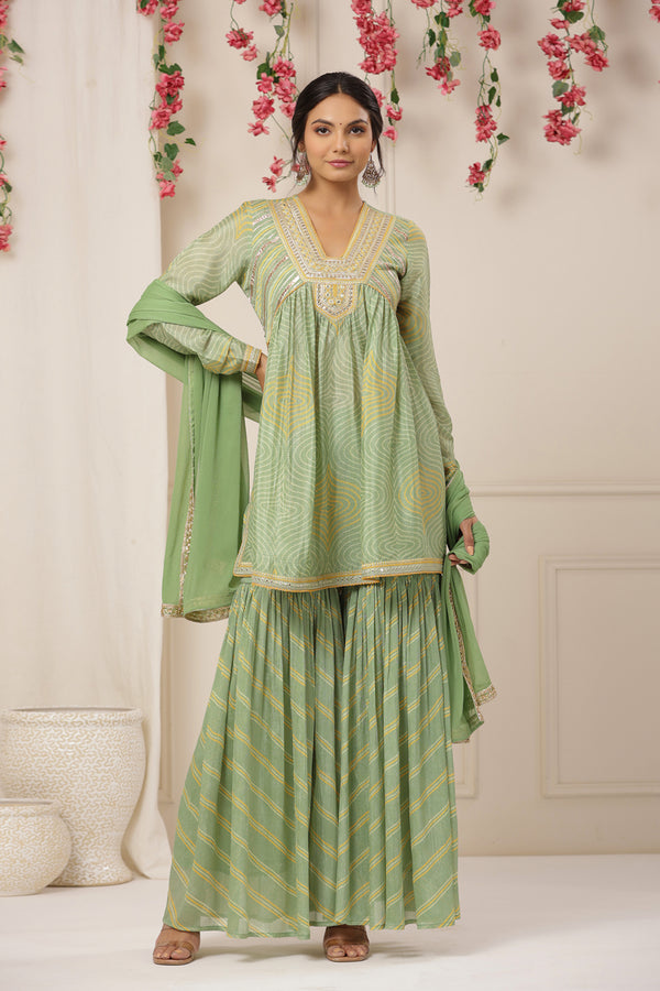 Soft Green Chinon Embroidered Sharara Set